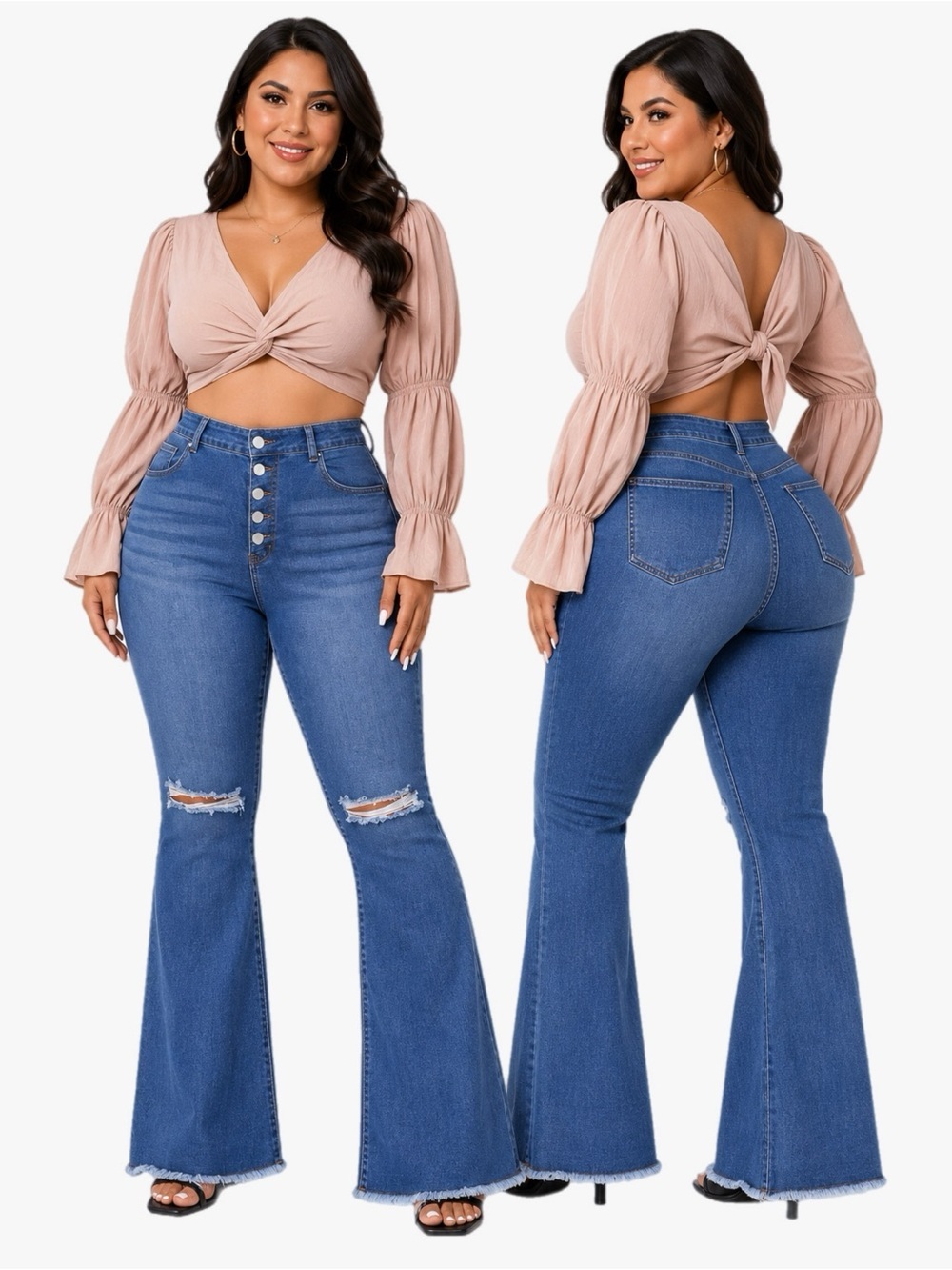 SHEIN Curve Women’s Plus Size 2X Button Fly Raw Hem Flare Distressed Jeans